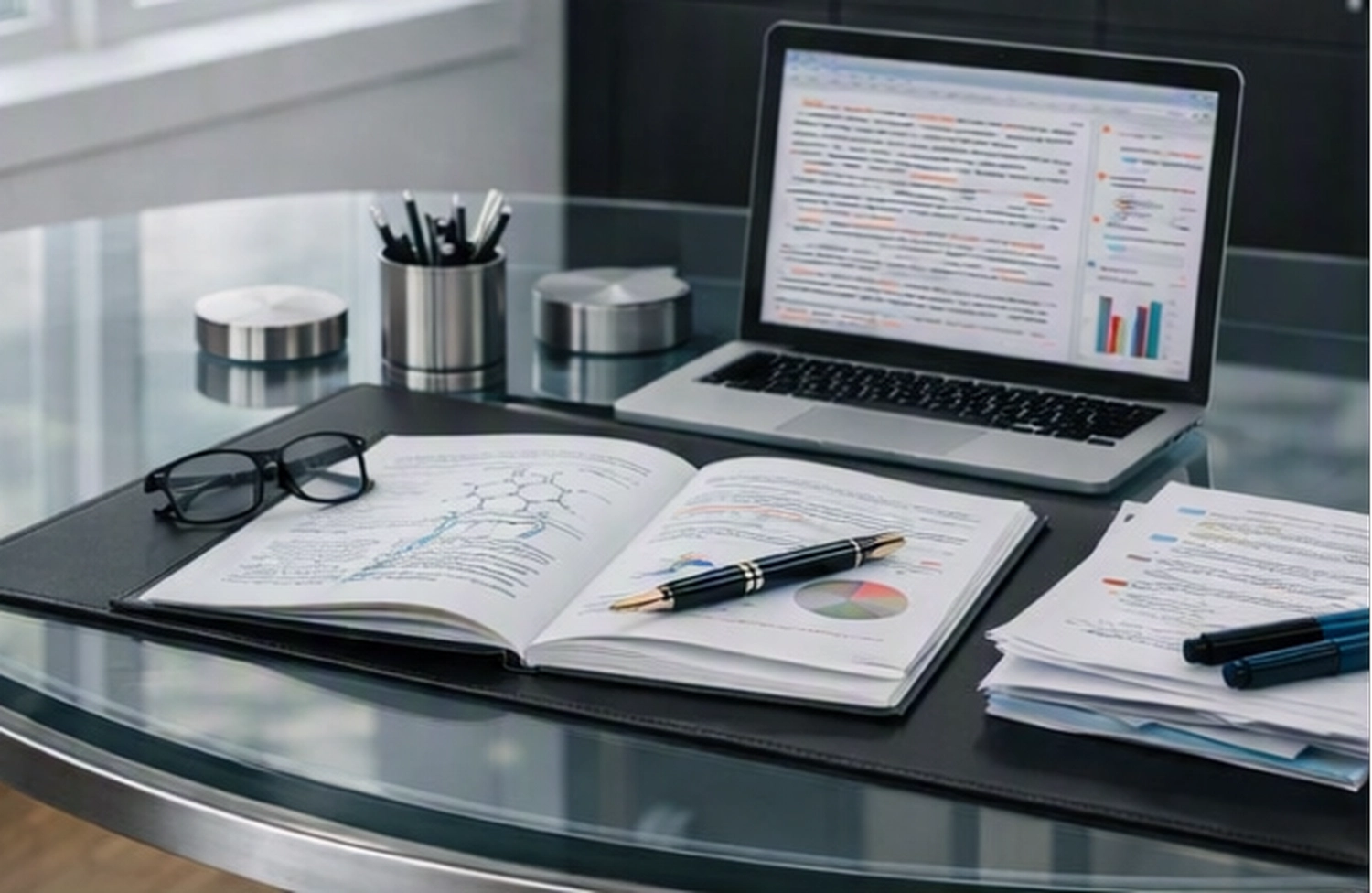 BD Medical Writing & Consulting - Auf einem Glastisch liegen ein Laptop, ein aufgeschlagenes Lehrbuch mit Stift, eine Brille und Stapel von Papieren.
